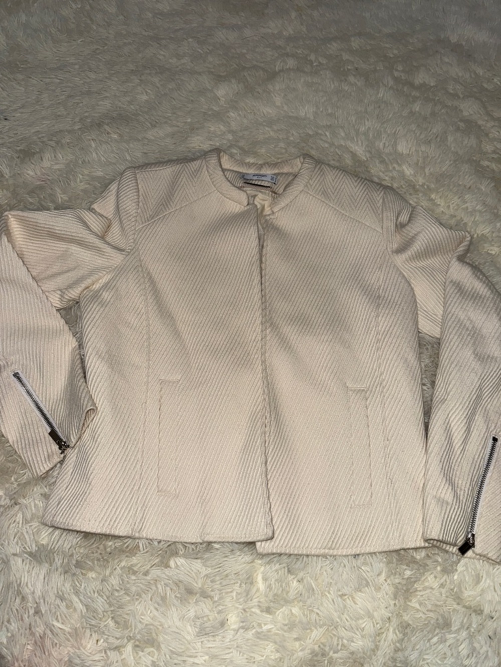 Mango Cream Textured Collarless Zip-Sleeve Blazer